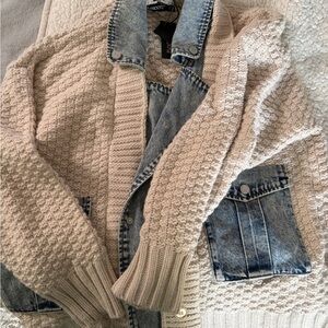 Blank NYC Cream Cardigan with Denim Details